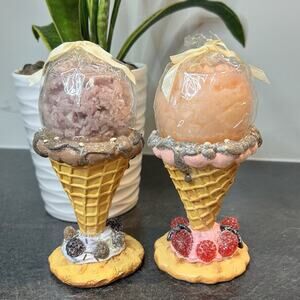 2- Dept 56 Ice Cream Decorative Glass Jar Candles‎ And Waffle Cone Holders